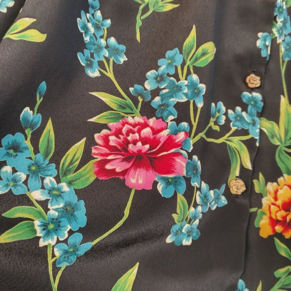 Vintage Maggie Sweet Blouse Plus Size 1X Black Floral Gold Flower Buttons - Picture 15 of 16
